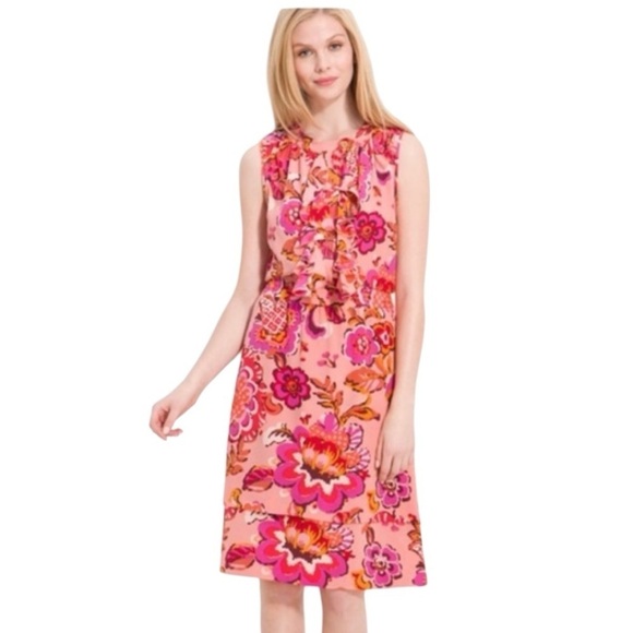TORY BURCH WOMENS SILK DRESS. PINK GRAPEFRUIT WILDFLOWER DRESS. SIZE 4